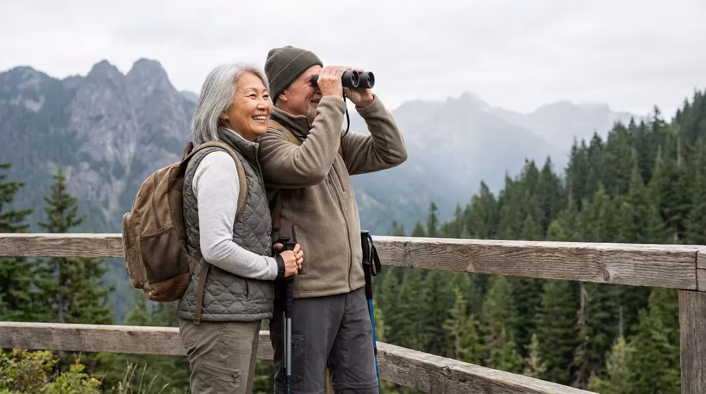 A senior couple enjoys a majestic mountain view from a scenic overlook in a national park.