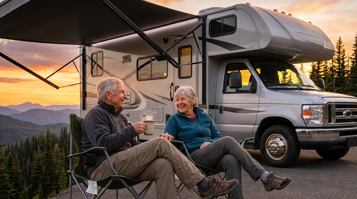 A senior couple enjoys a mountain sunset from camp chairs next to their RV.