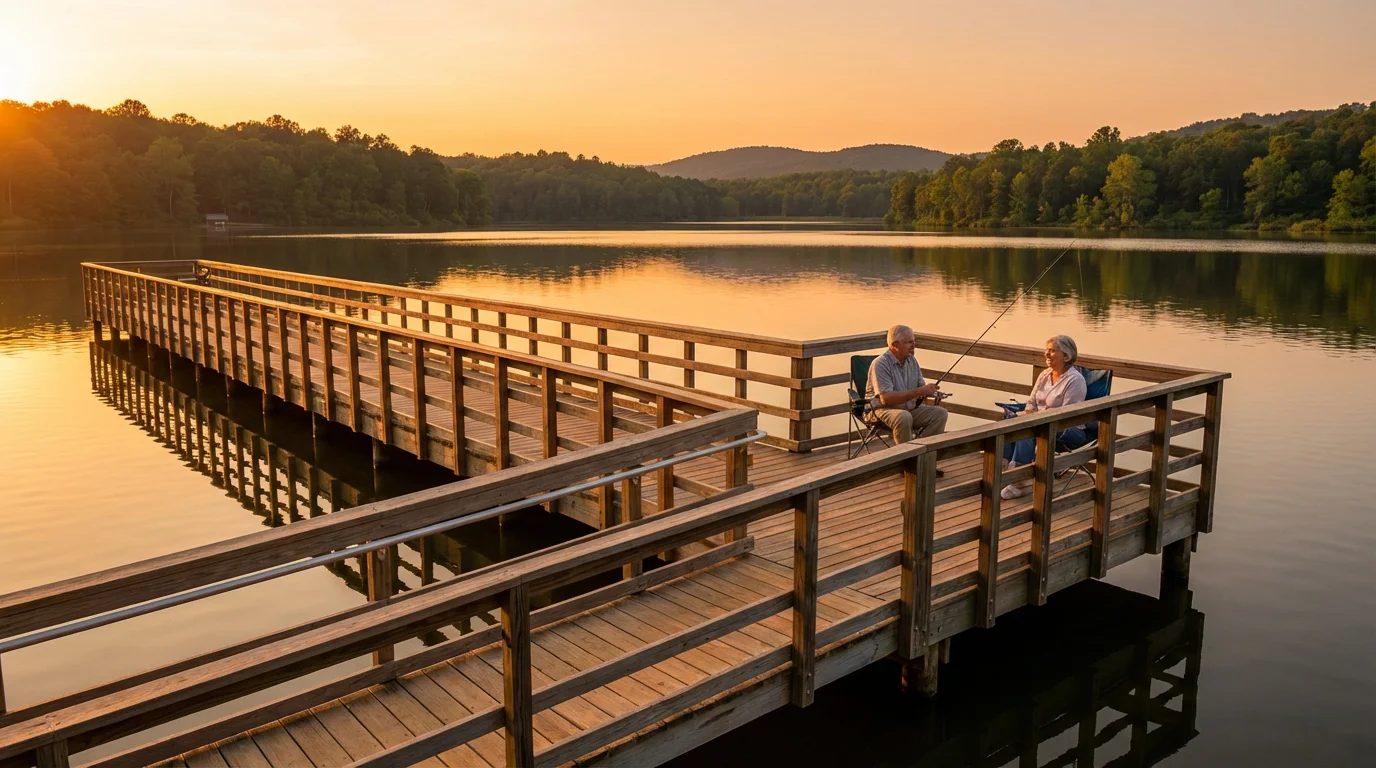 A senior couple fishes from an accessible wooden pier on a calm lake during a warm golden hour sunset.
