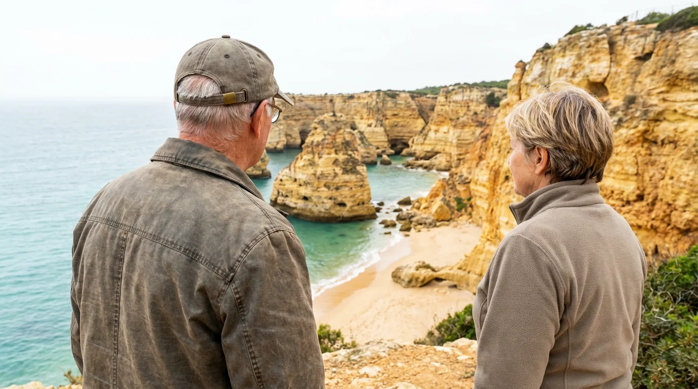 A senior couple from behind, looking out at the cliffs and beach of the Algarve coast.