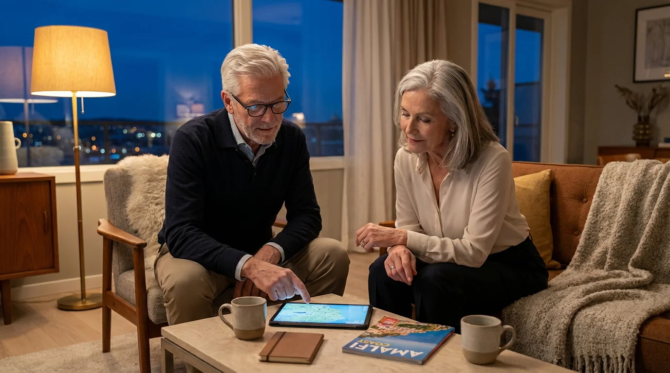 A senior couple happily planning a group tour in their living room at dusk.