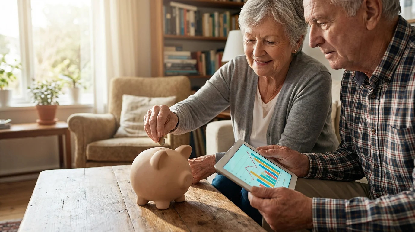 A senior couple happily saves money in a piggy bank while planning travel finances.