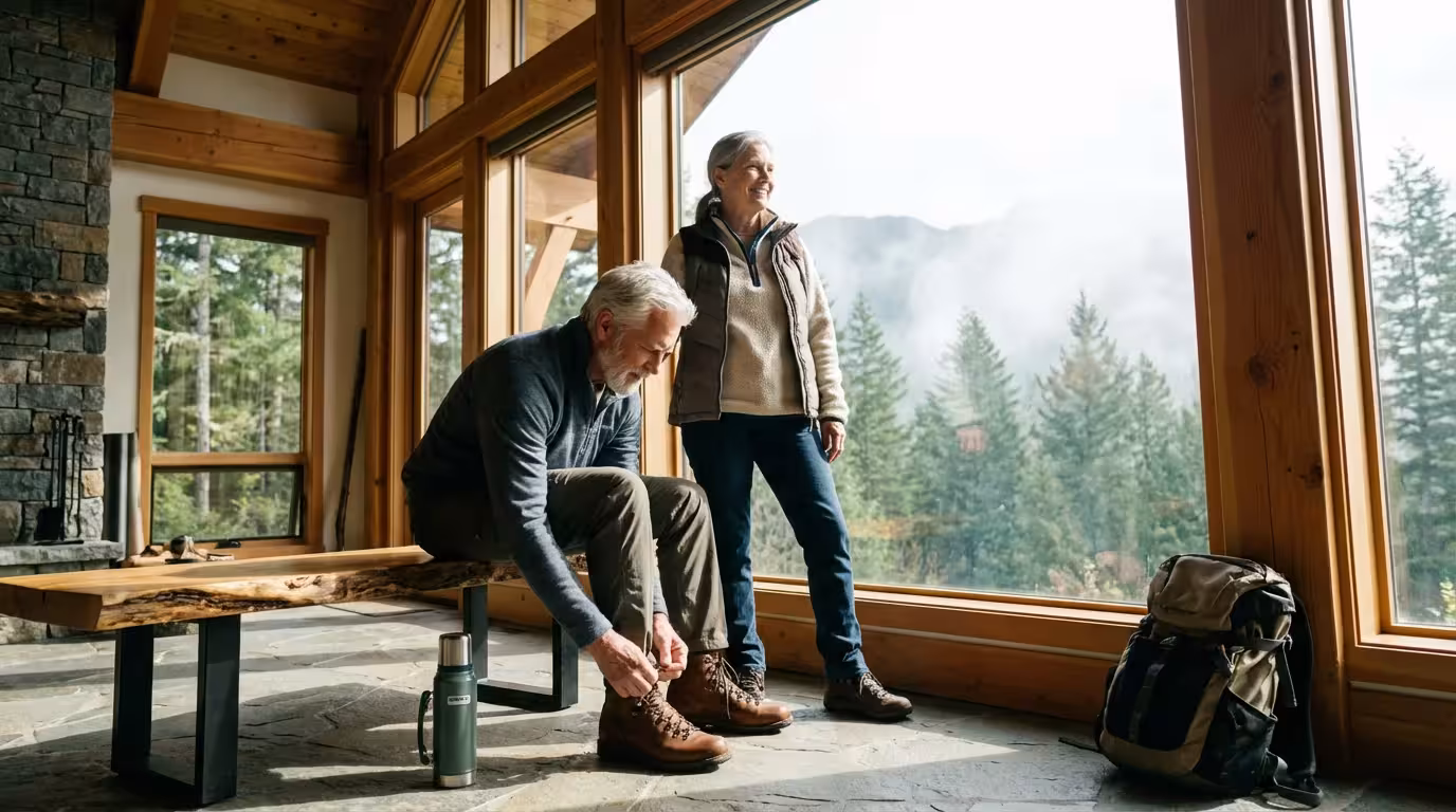 A senior couple in a cozy lodge preparing for a hike in the Pacific Northwest.