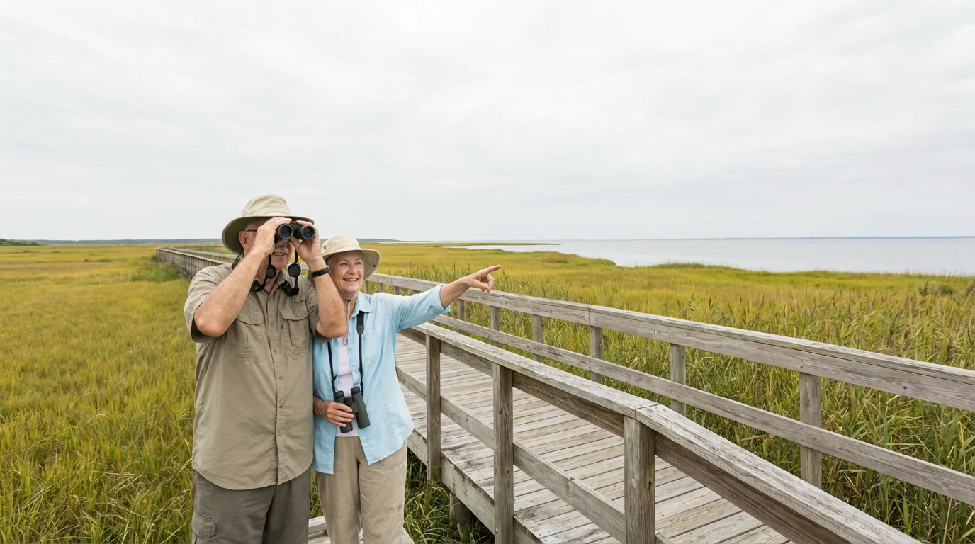 A senior couple in sun hats birdwatching in a beautiful, wide natural landscape.