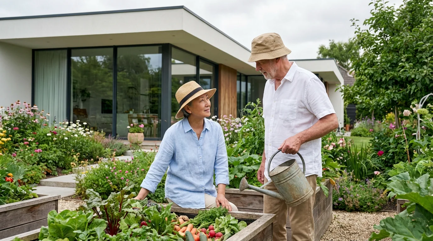 A senior couple in sun-protective clothing gardening together in a beautiful backyard.