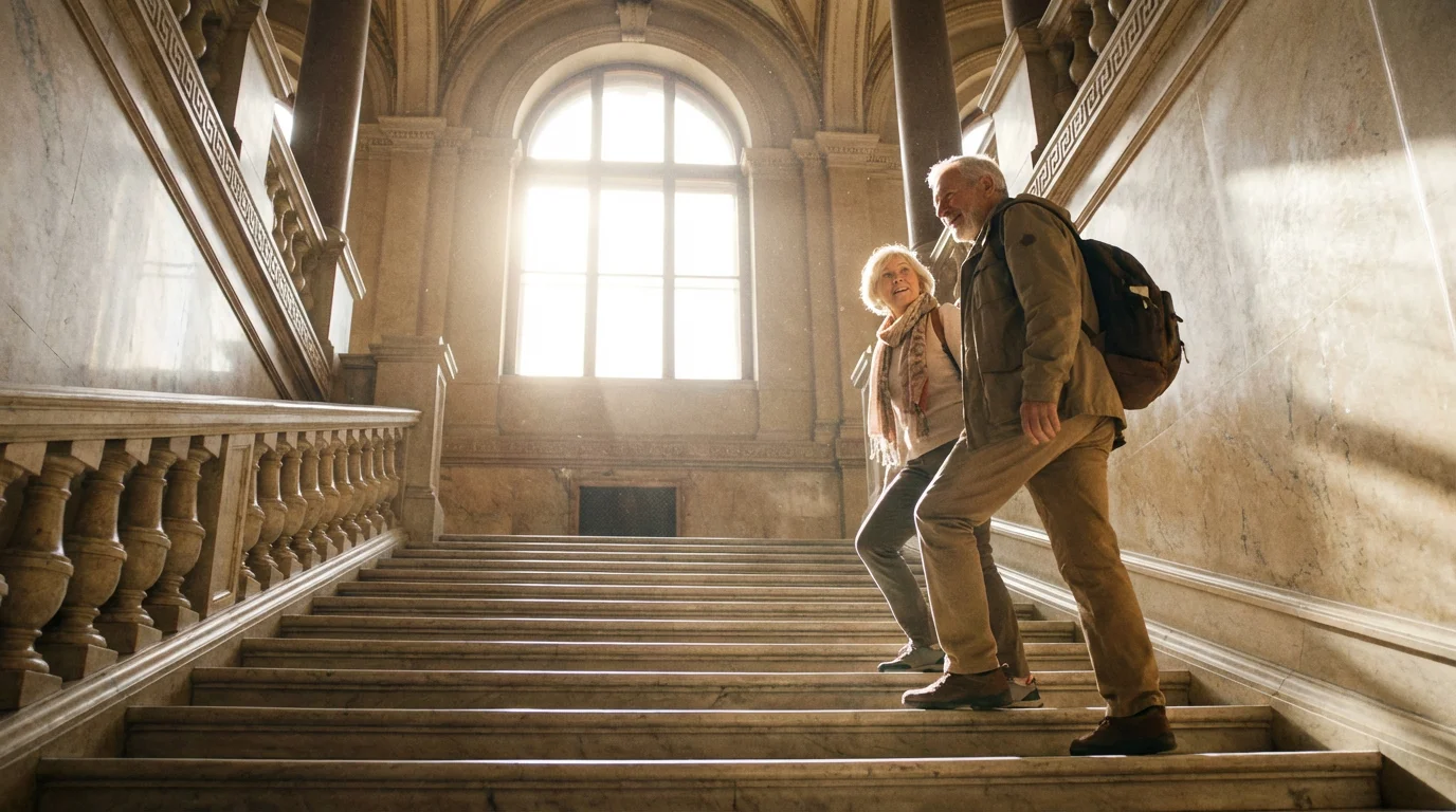 A senior couple joyfully climbing a grand staircase in a sunlit museum.