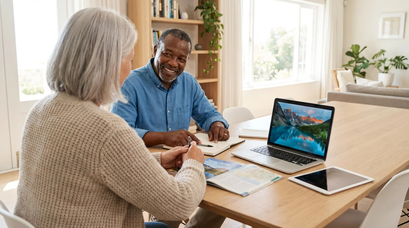 A senior couple joyfully planning a trip at home on a laptop and tablet.