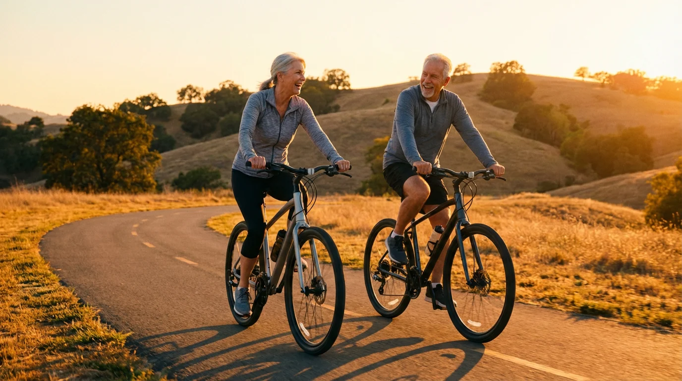 A senior couple joyfully riding bicycles on a paved path through rolling hills at sunset.