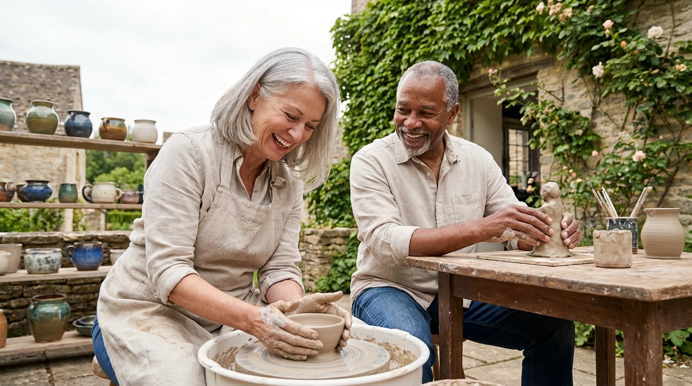 A senior couple learns how to make pottery during an educational travel workshop.