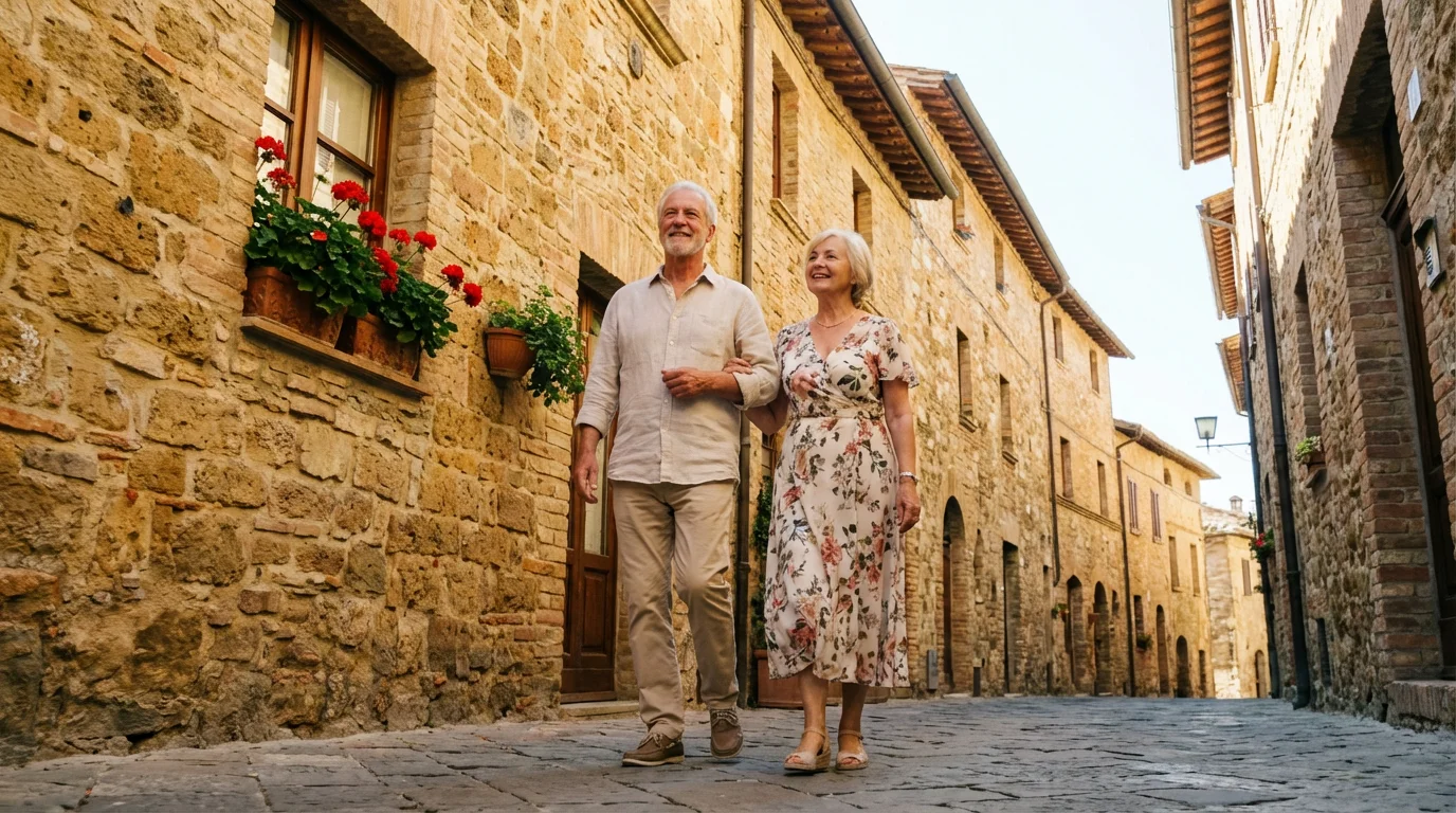 A senior couple leisurely walking down a sunlit cobblestone street in a Tuscan village.
