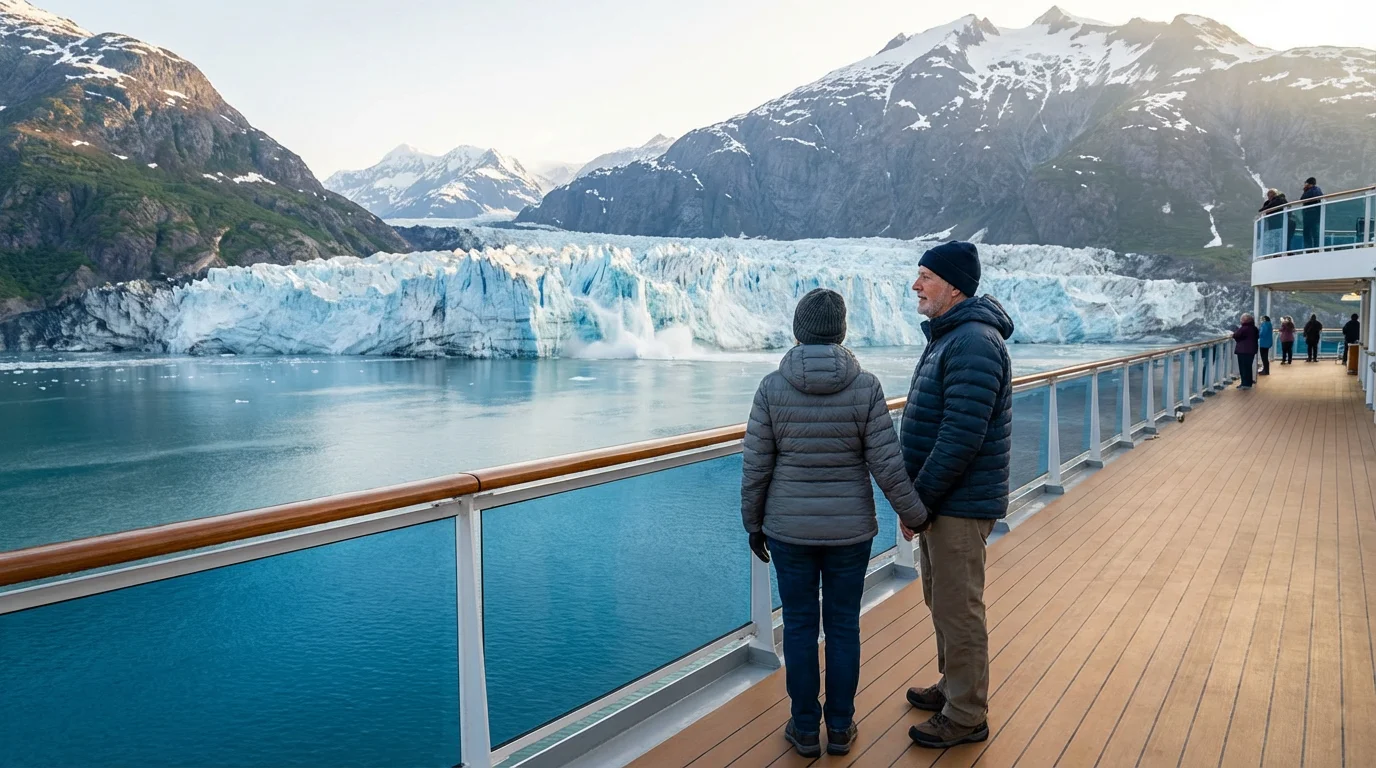 A senior couple on a cruise ship deck enjoying the view of an Alaskan glacier.