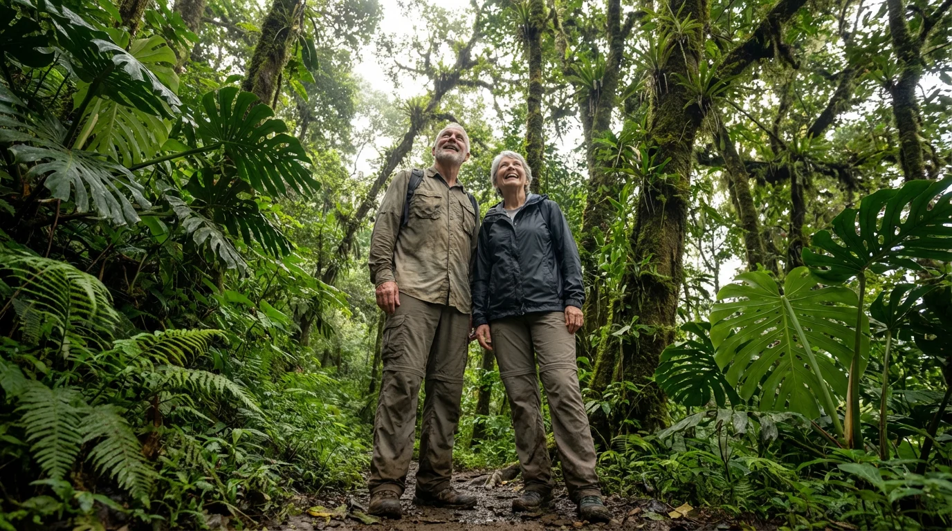 A senior couple on a hiking trail look up in wonder at the Costa Rican rainforest canopy.