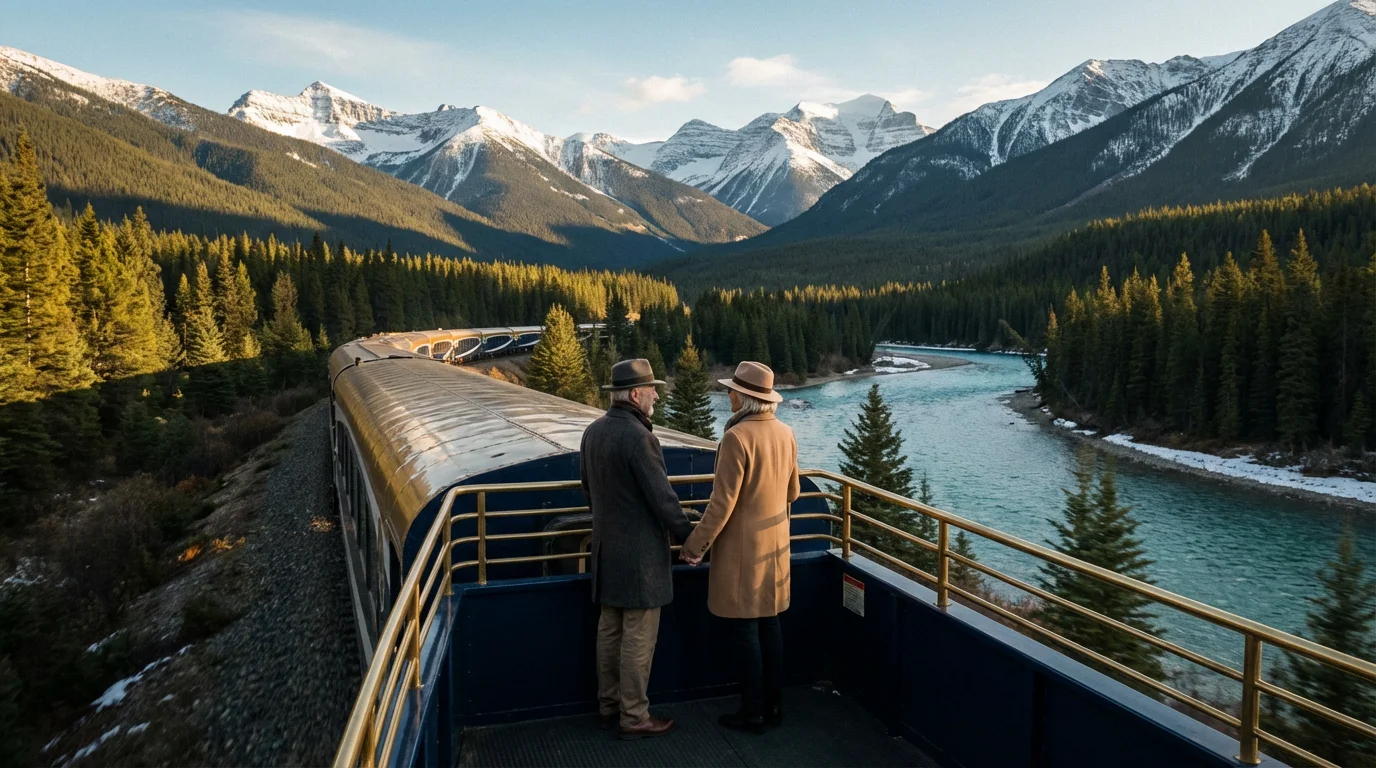 A senior couple on an observation train car traveling through a sunlit Canadian Rockies valley.