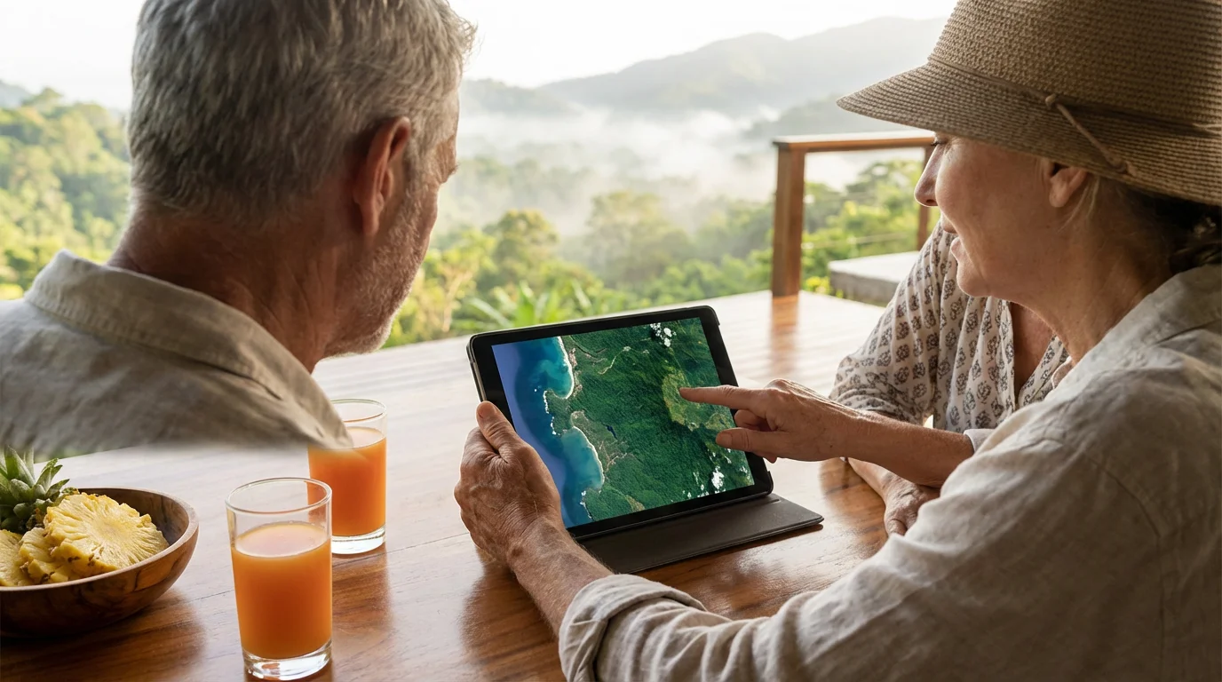 A senior couple planning their trip on a tablet on a beautiful Costa Rican terrace.