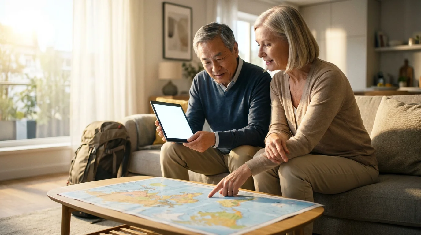 A senior couple plans an adventure trip with a world map and tablet.
