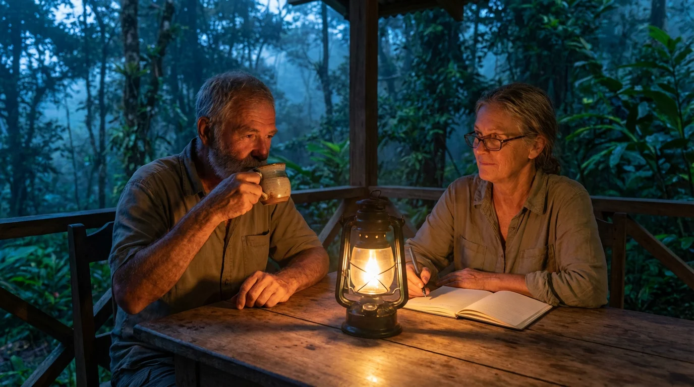 A senior couple relaxing on a cabin porch in Costa Rica at twilight, planning.