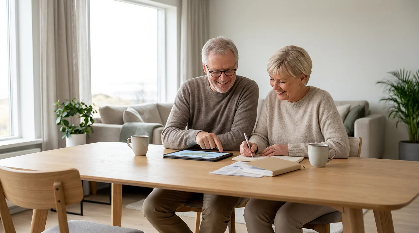 A senior couple sits at a table planning their Iceland trip with a tablet.