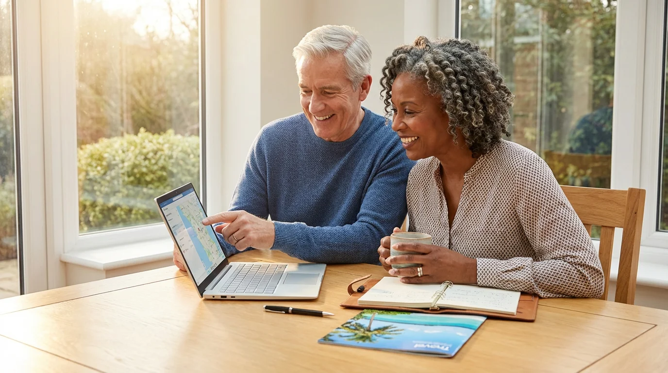 A senior couple sits at a table with a laptop, planning their cruise vacation.