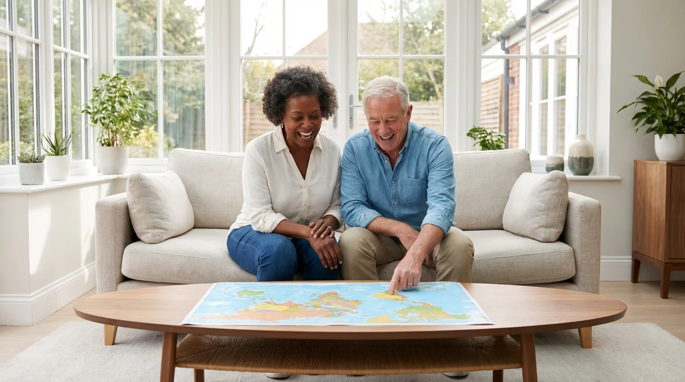 A senior couple sits in a sunlit room, excitedly planning a trip over a world map.