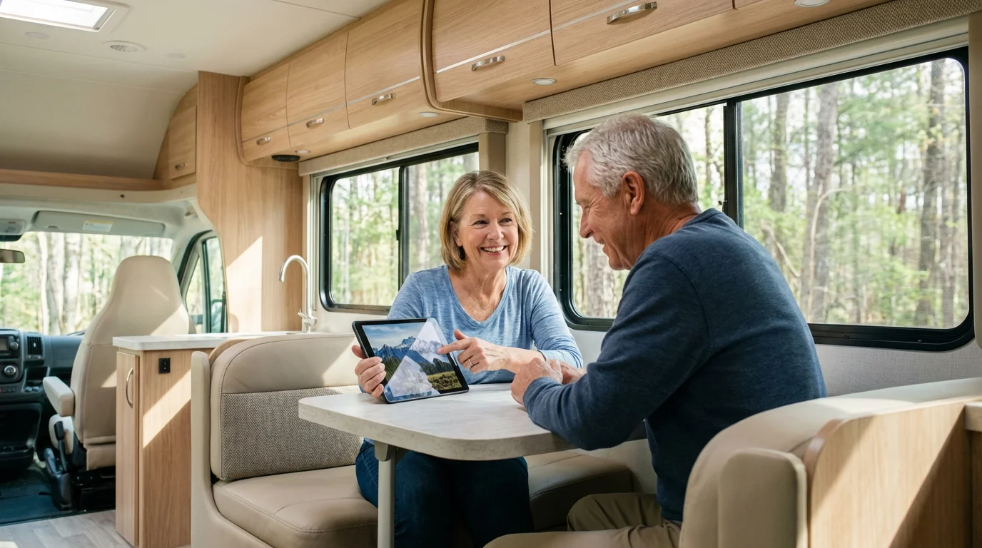 A senior couple sits inside their modern RV, happily researching on a tablet together.