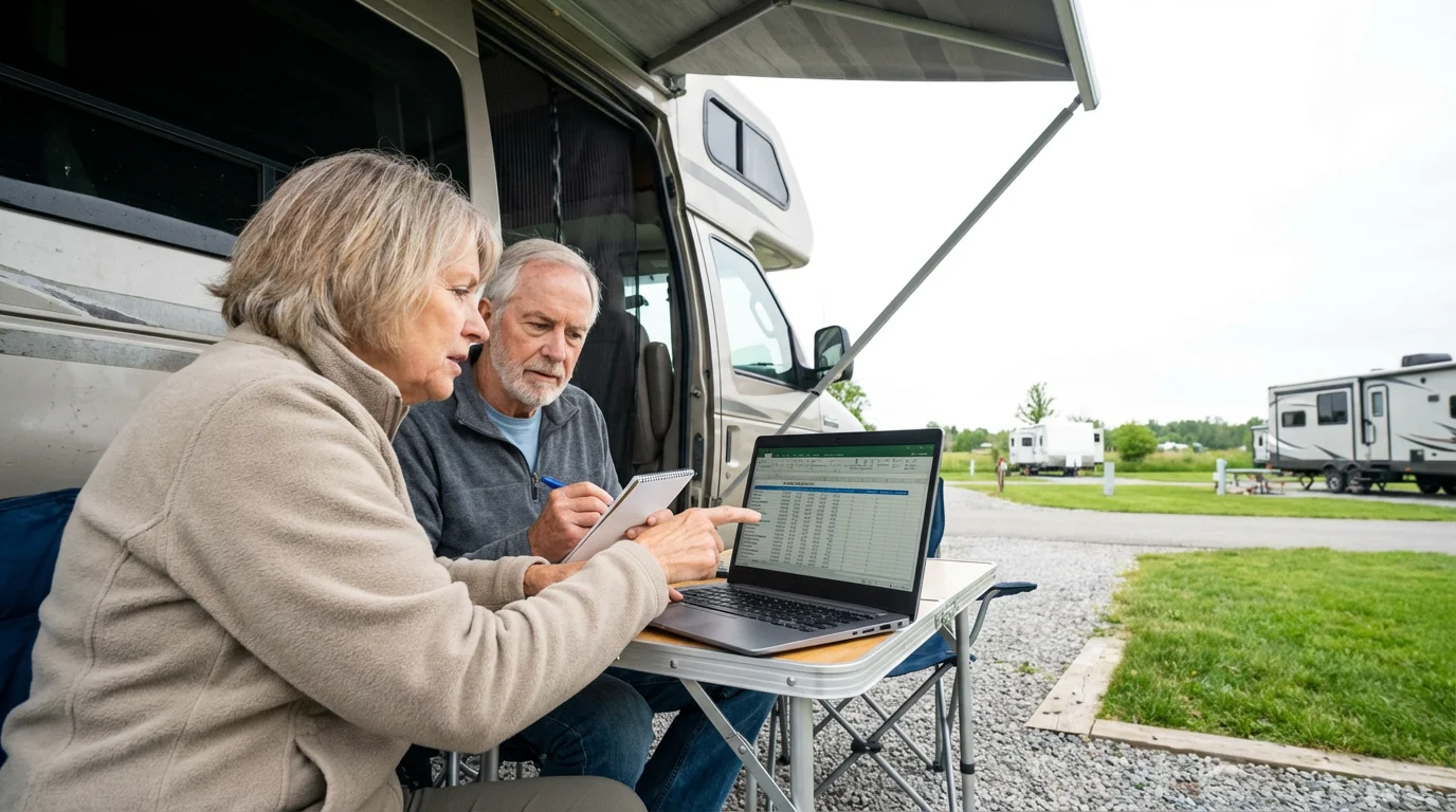 A senior couple sits outside their camper van using a laptop to manage finances.