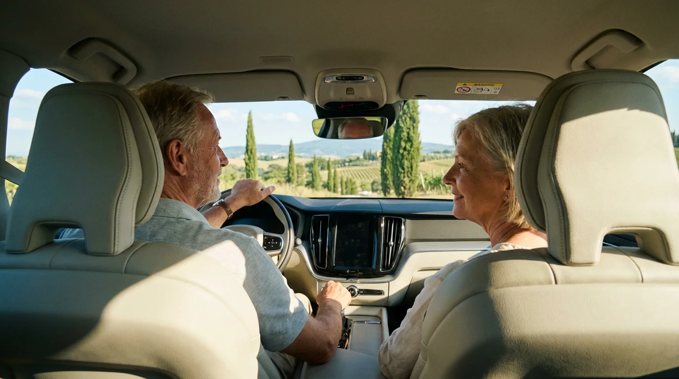 A senior couple smiles inside a rental car, with the rolling hills of Tuscany visible through the windshield.