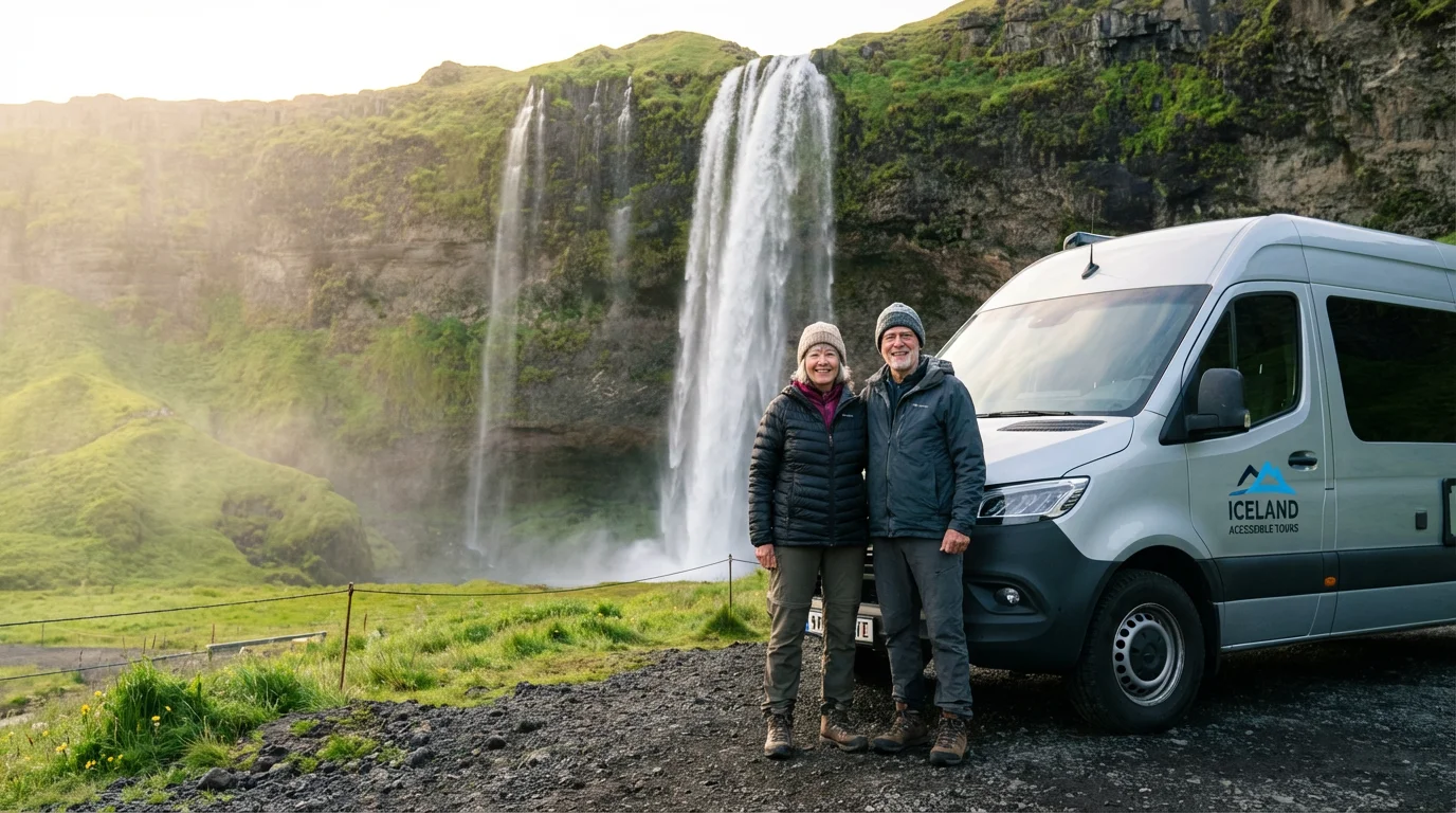 A senior couple smiles while viewing the Seljalandsfoss waterfall in Iceland on a tour.