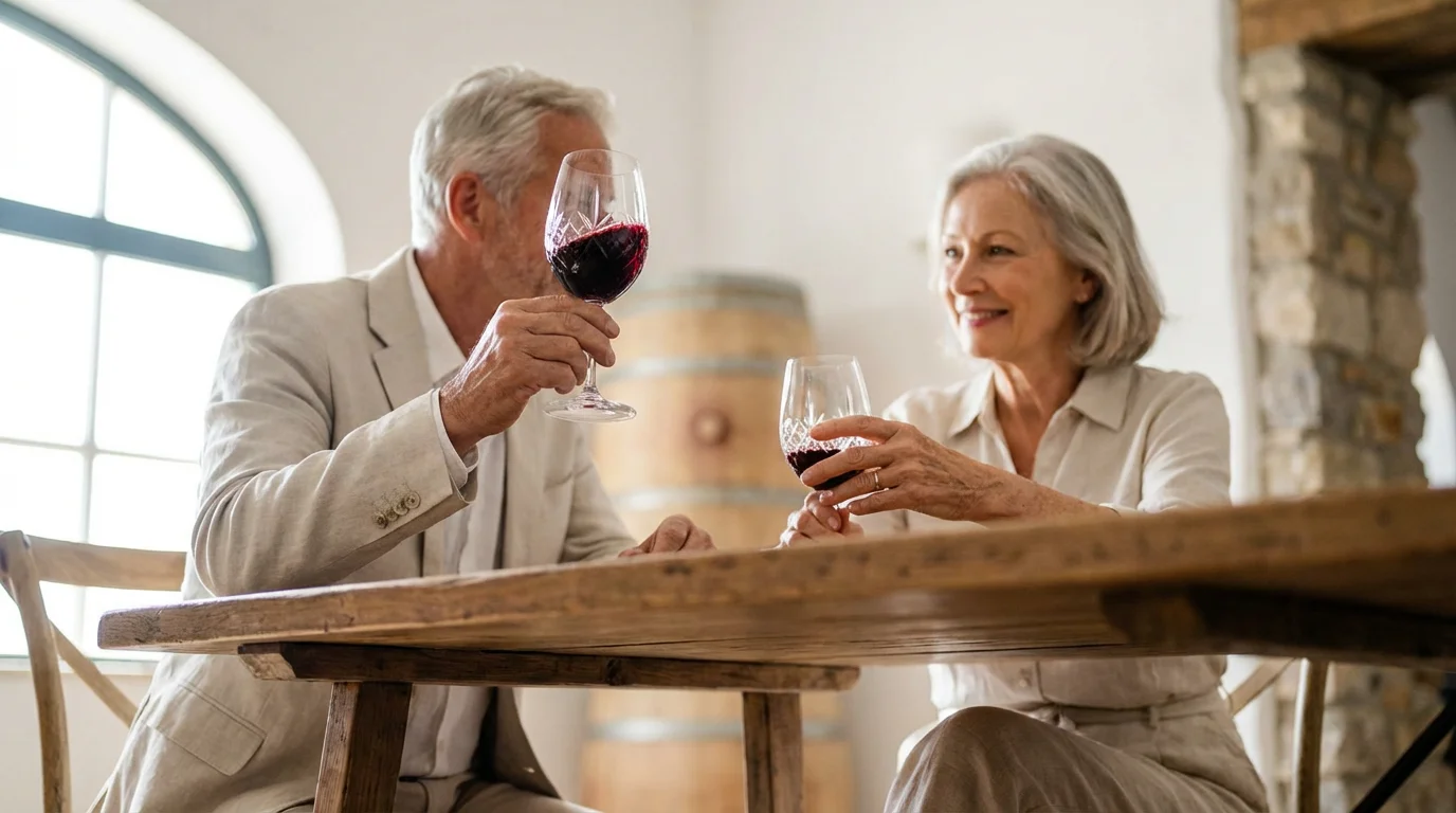 A senior couple smiling and enjoying red wine during a tasting at a sunlit winery.