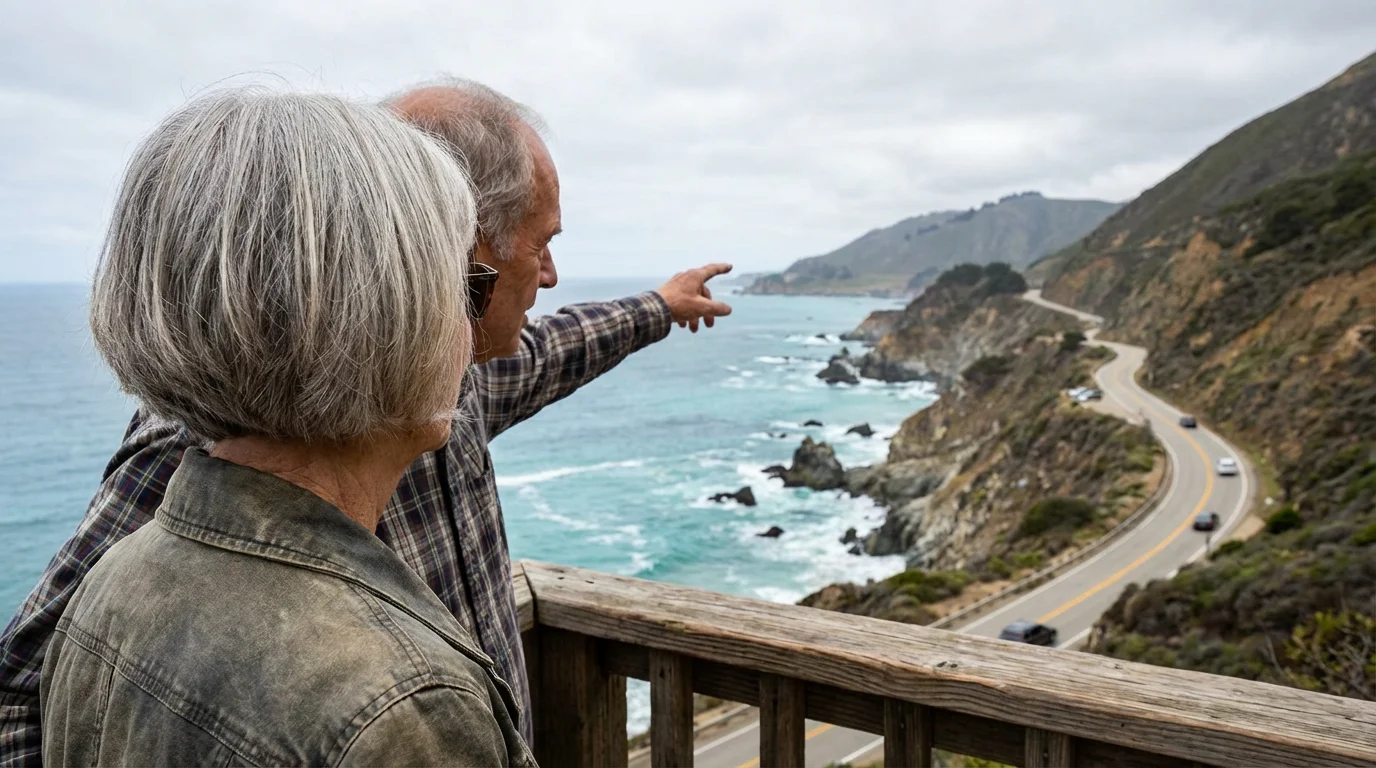 A senior couple stands at a scenic viewpoint admiring the California coastline on Highway 1.