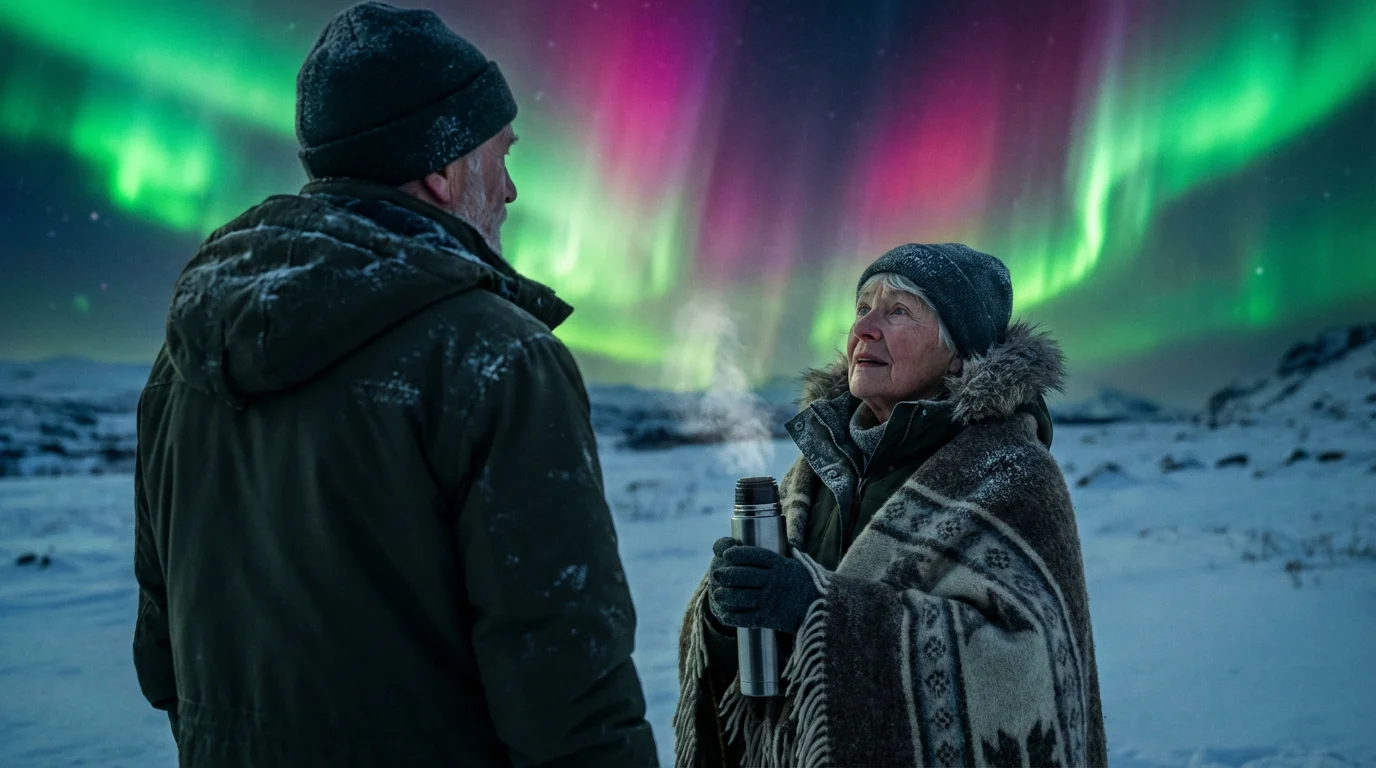 A senior couple warmly dressed in a snowy Icelandic field watching the northern lights.