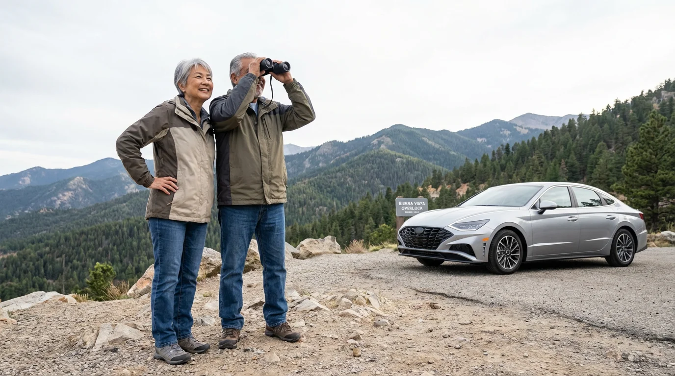 A senior couple with binoculars enjoying a mountain vista during their national park road trip.