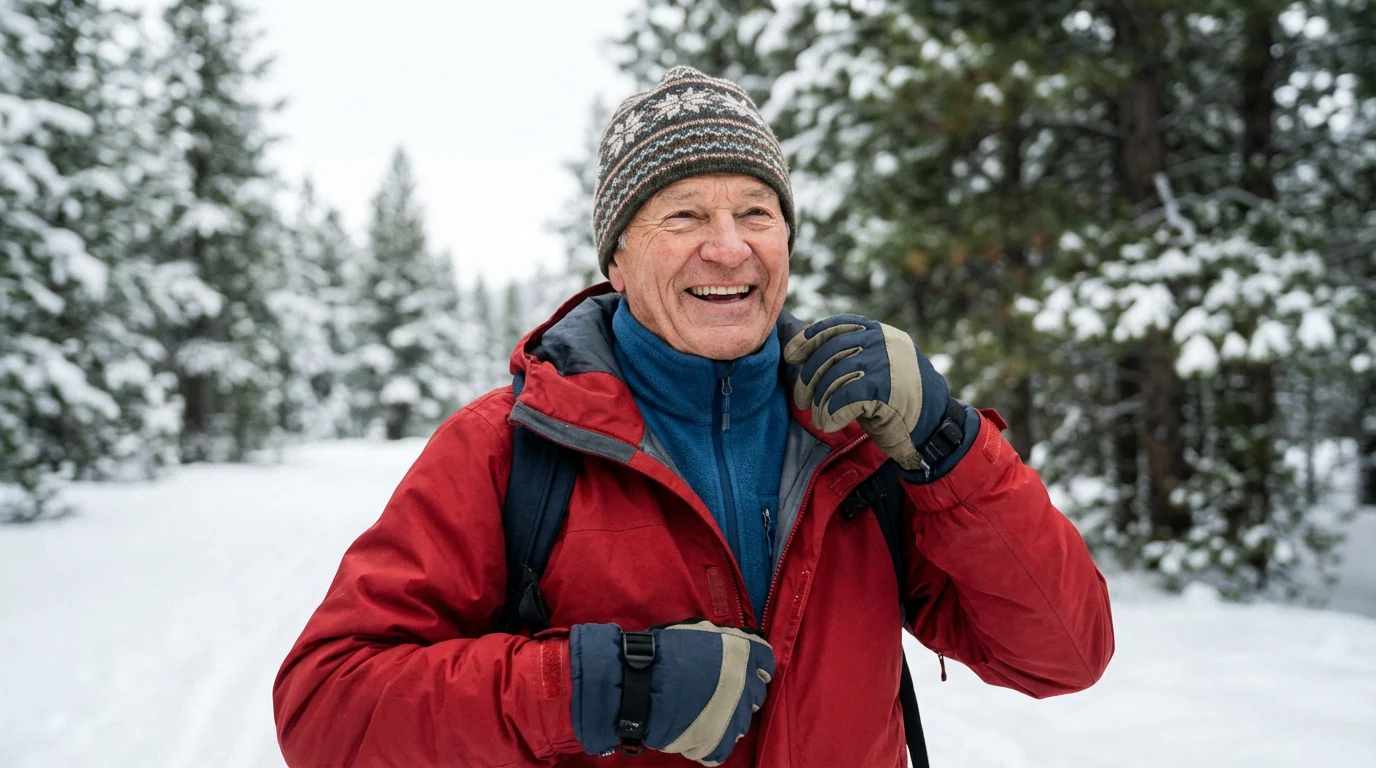 A senior hiker in layered winter clothing zipping their jacket on a snowy trail.