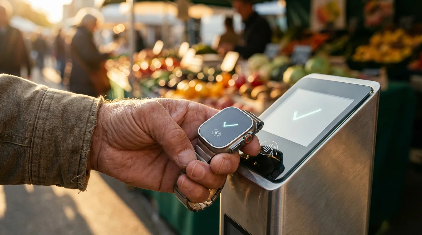 A senior makes a secure contactless payment with a smartwatch at a sunny outdoor market.