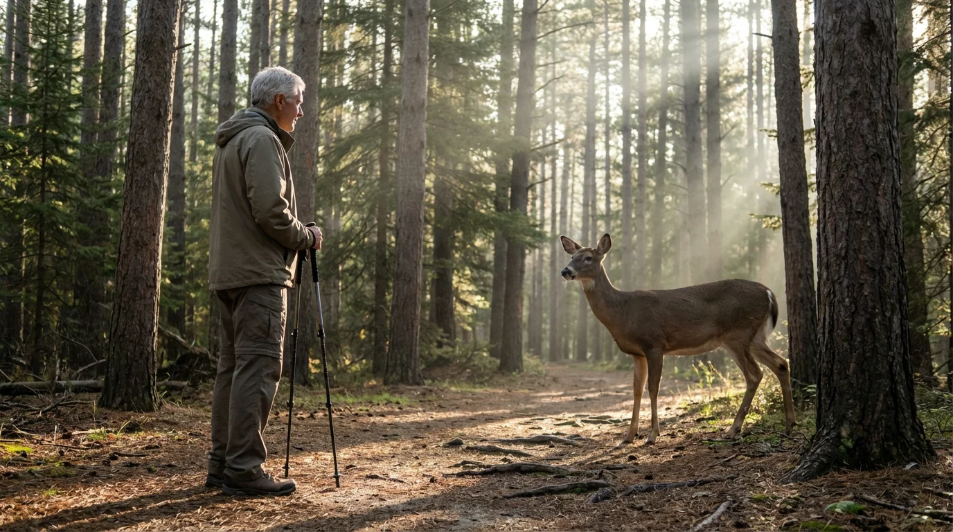A senior male hiker calmly observes a white-tailed deer on a sunlit forest trail.