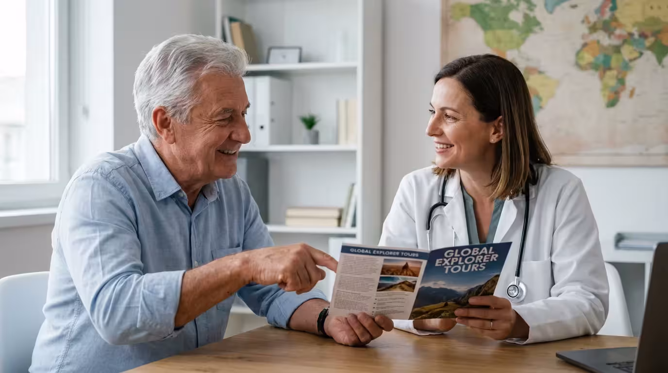 A senior man and his doctor discuss travel health and safety in a modern office.