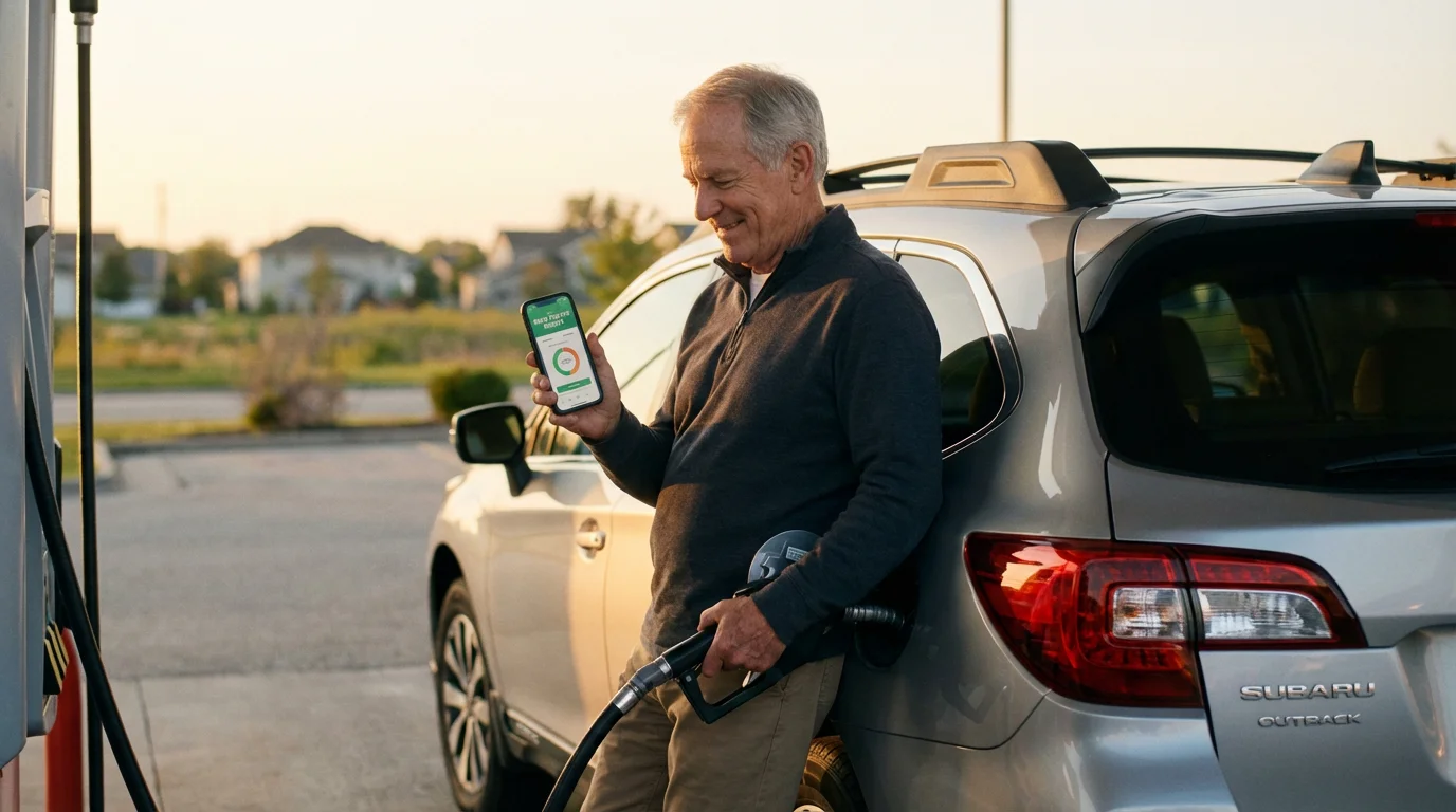 A senior man at a gas station using a smartphone to budget his fuel expenses.