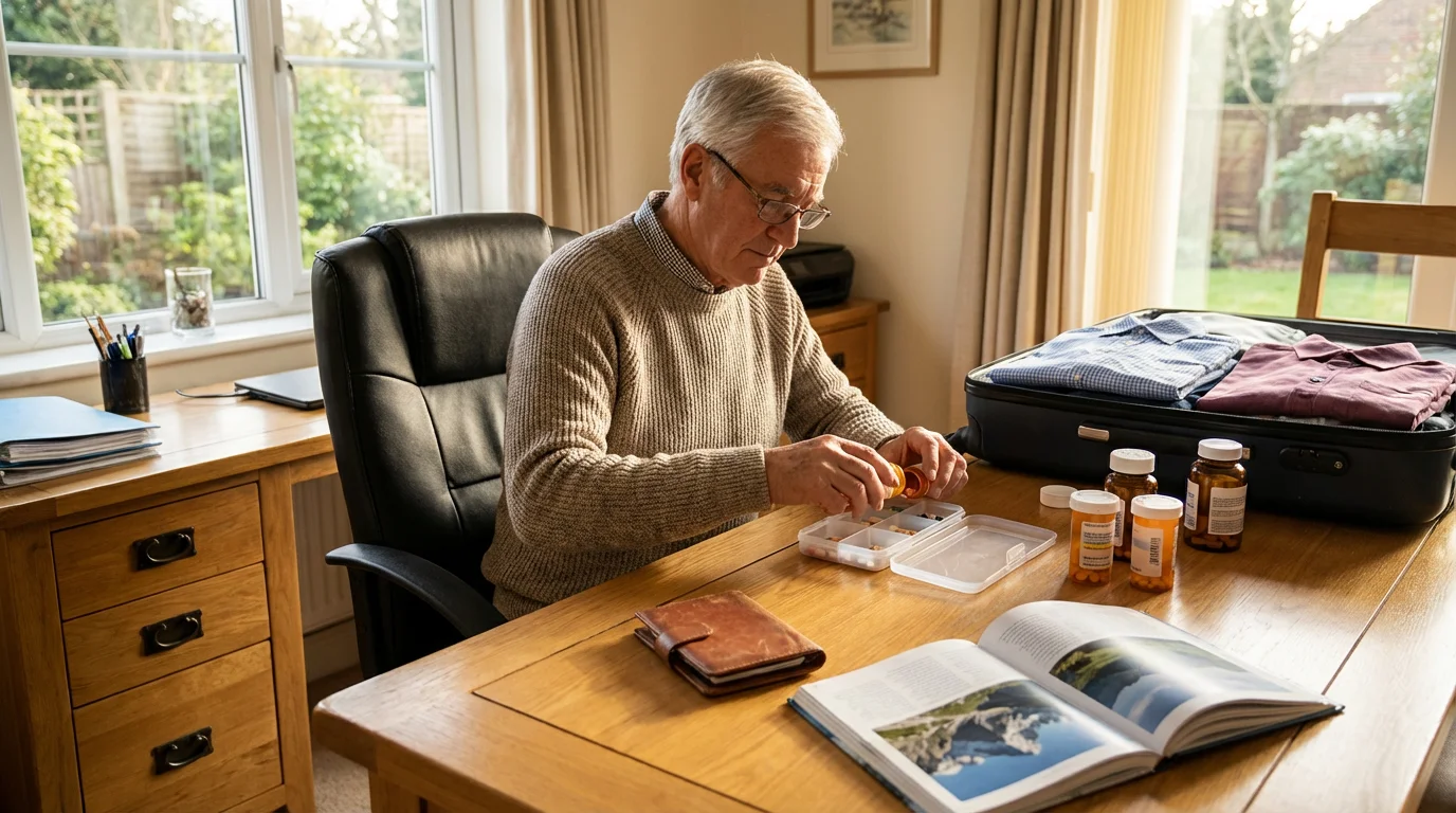 A senior man at a sunlit desk meticulously organizing his prescription medications for travel.