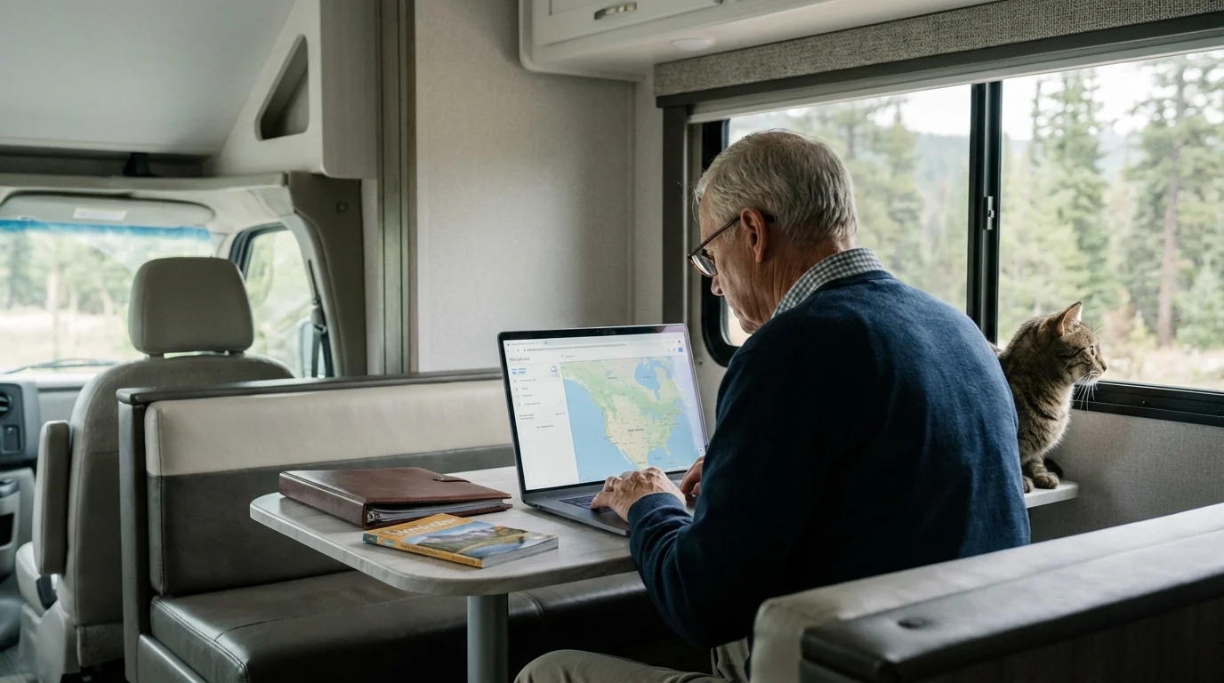 A senior man at an RV dinette plans a trip on a laptop while his cat sits beside him.