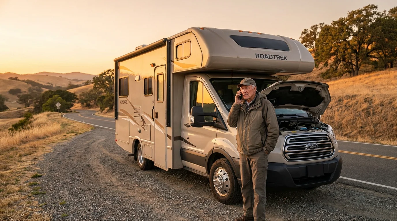 A senior man calmly on the phone next to his RV with the hood up.
