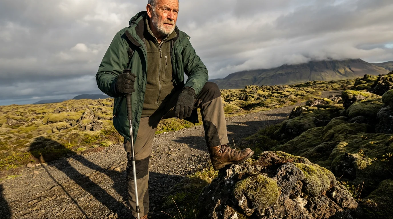 A senior man checks his footing on a rocky Icelandic trail during the afternoon.