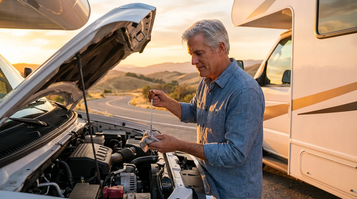 A senior man checks the engine oil in his motorhome at sunset.