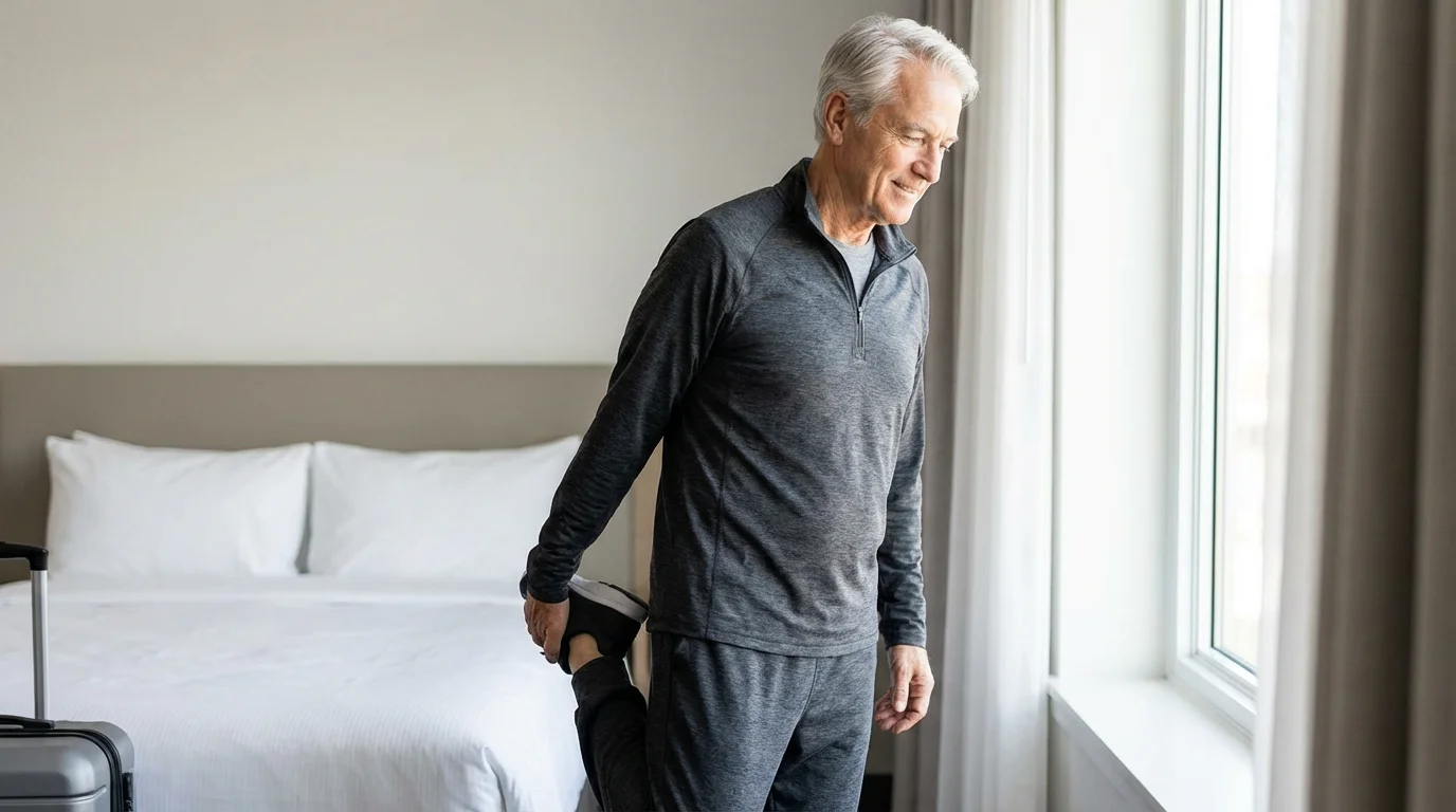A senior man doing a morning stretch by a sunny window in a hotel.