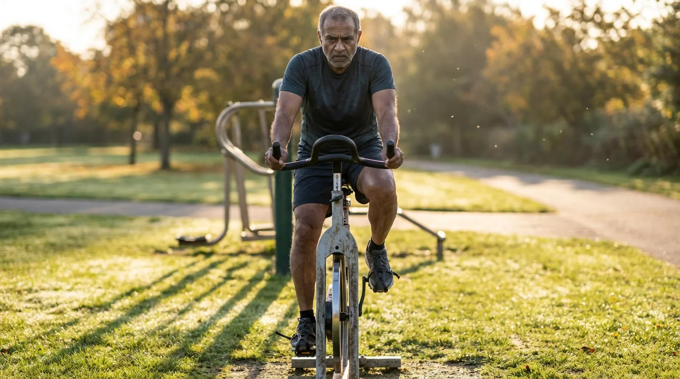 A senior man exercises on a stationary bike in a park during the afternoon.