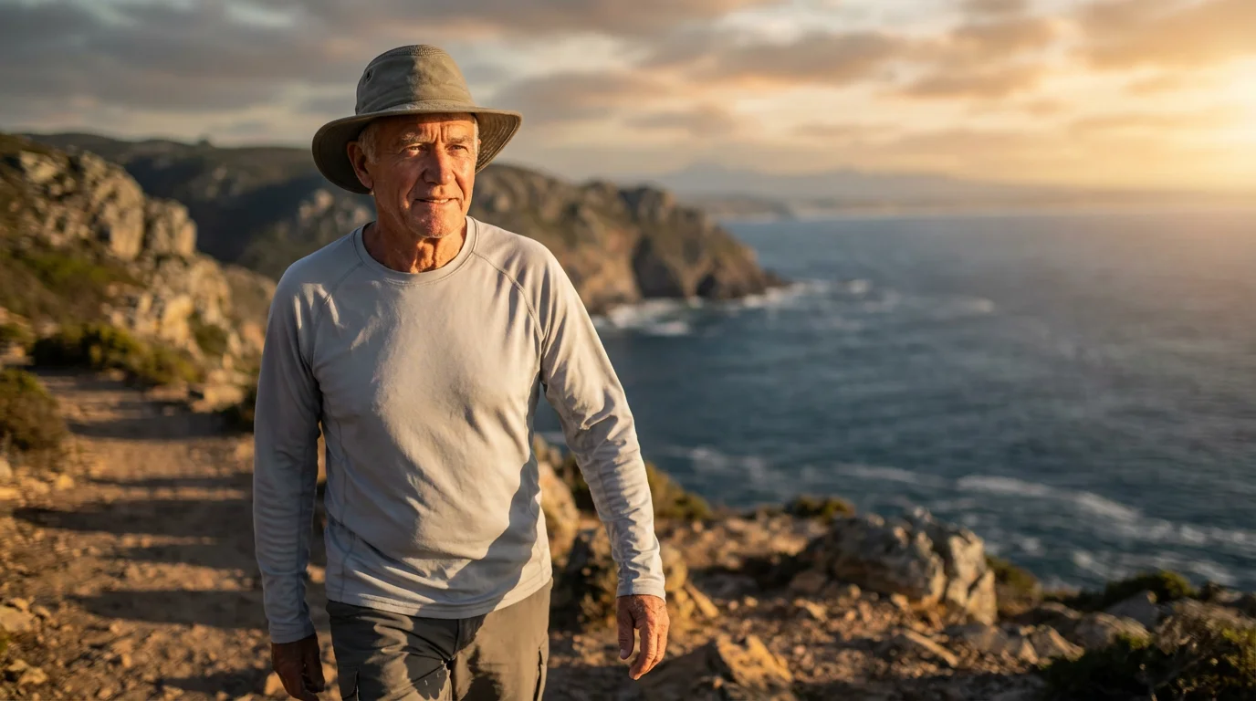 A senior man in a long-sleeved shirt and wide-brimmed hat walks on a trail.