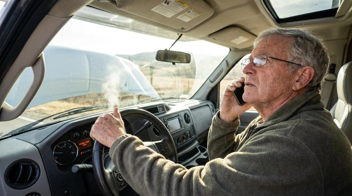 A senior man in an RV cab on the phone while steam rises from his engine.