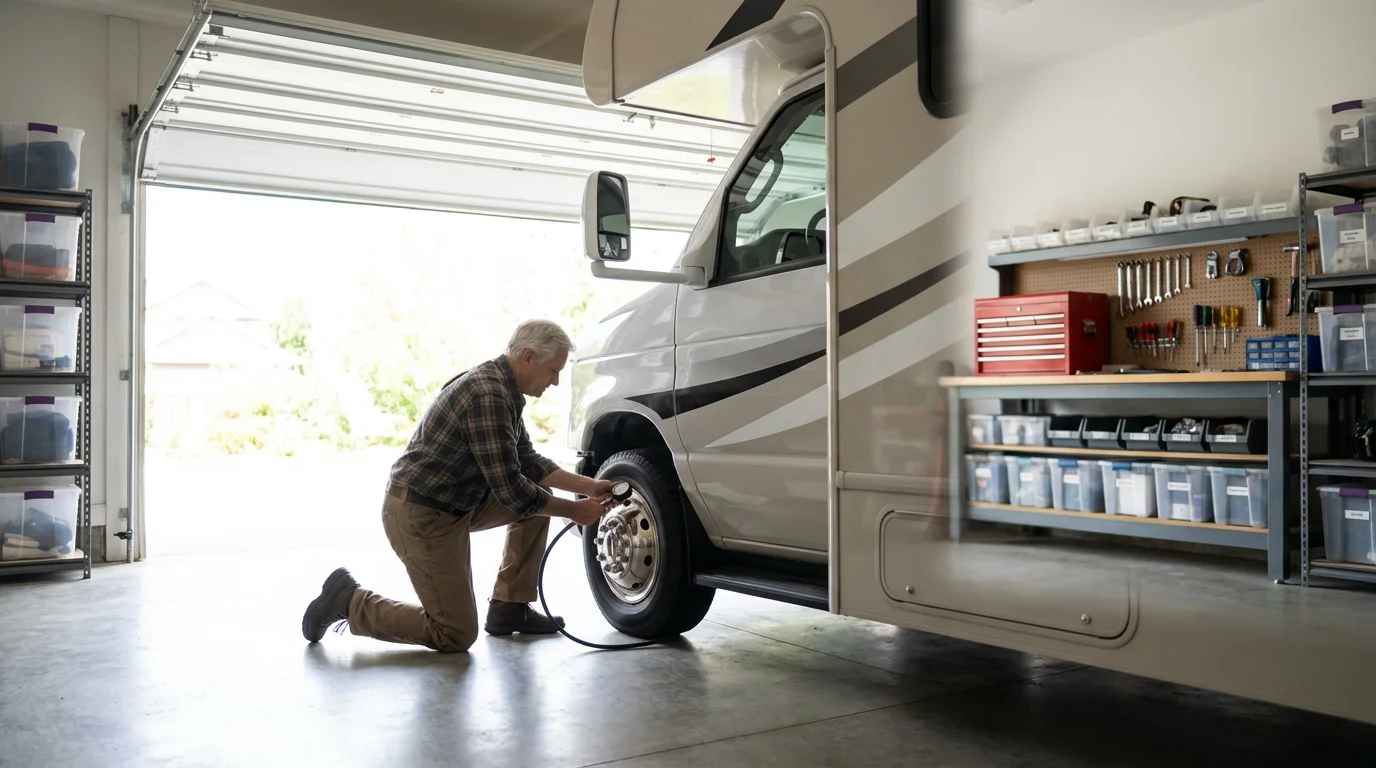 A senior man kneels to check the tire pressure on his RV in a sunlit garage.