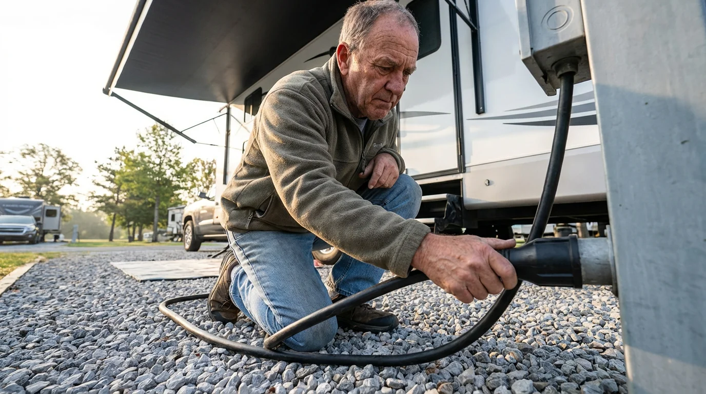 A senior man kneels to inspect the shore power cord at a campsite pedestal.