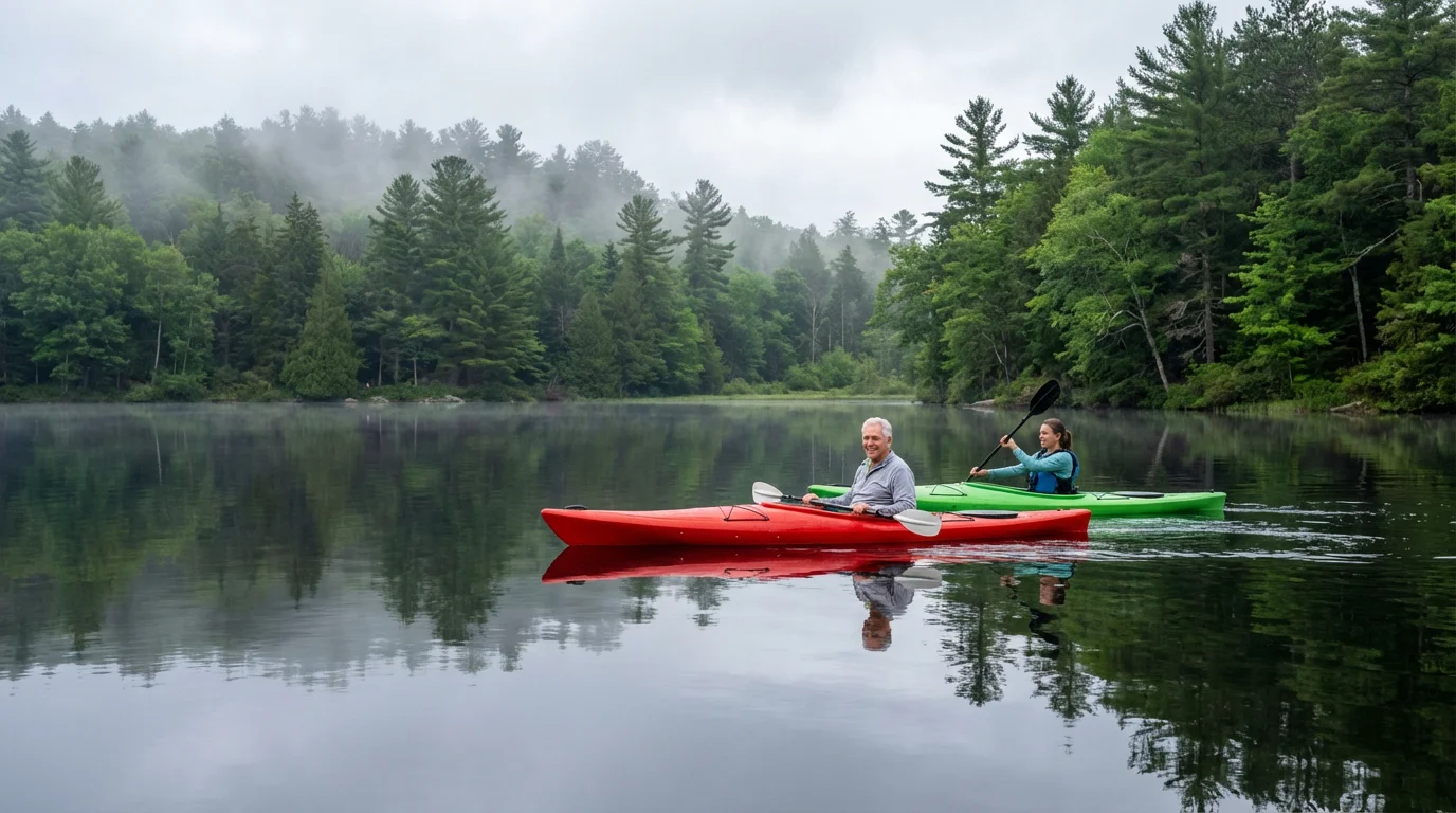 A senior man learns basic kayaking techniques from an instructor on a serene lake.