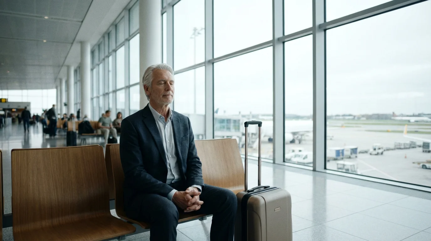 A senior man meditates peacefully on a bench in a modern airport departure lounge.