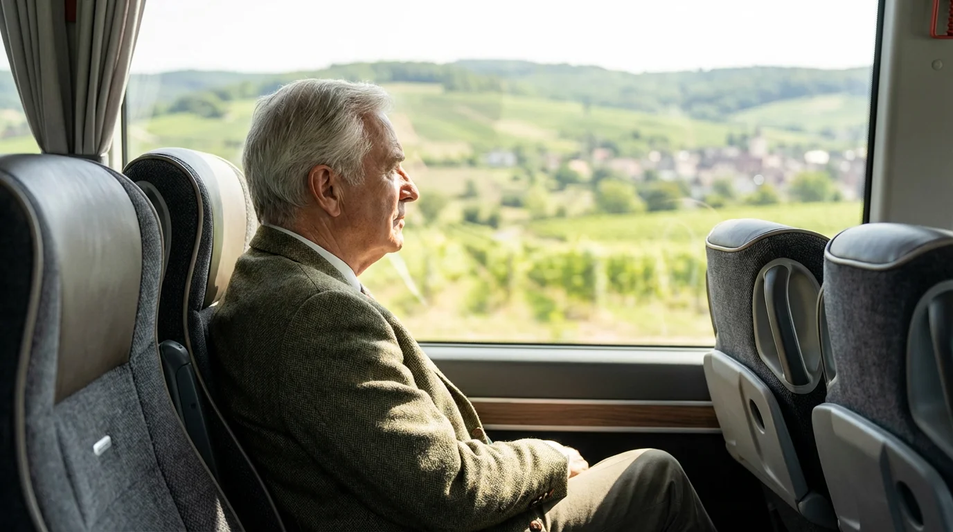 A senior man on a modern tour bus looks out the window at scenery.
